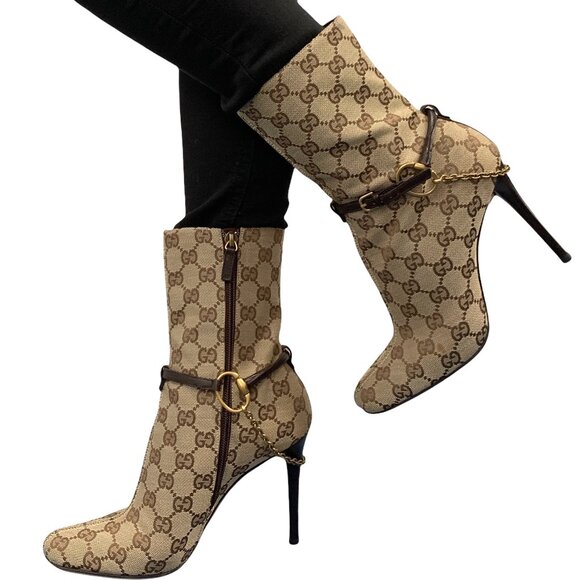GUCCI Vintage GG Monogram Ankle Boots Heels #35.5-36 Bootie Beige Brown [105369] - Picture 1 of 10